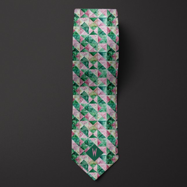 Pink and Green Watercolor Geometric Monogram Tie (Creator Uploaded)