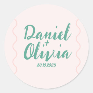 Pink and Green Wavy Wedding  Classic Round Sticker