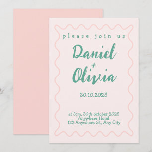 Pink and Green Wavy Wedding Invitation