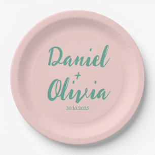 Pink and Green Wavy Wedding  Paper Plate