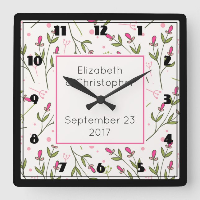 Pink and Green Wildflowers Pattern Wedding Square Wall Clock (Front)