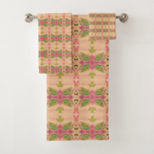 Pink And Green With Peach Bath Towel Set