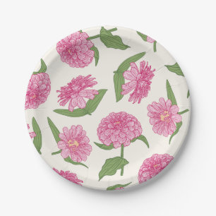 Pink and Green Zinnia Flowers Paper Plate
