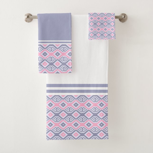 Pink and Grey Abstract Geometric Diamond Pattern Bath Towel Set (Insitu)