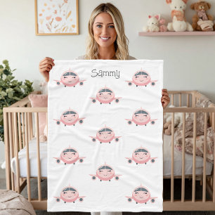 Pink and Grey Airplane Girl Name Personalized Fleece Blanket