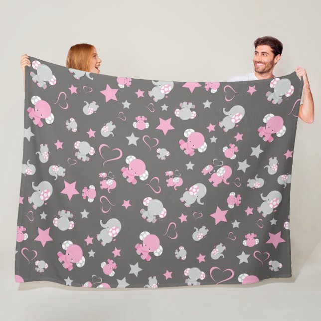 Pink and Grey Baby Elephant Pattern Print Fleece Blanket (In Situ)