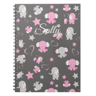 Pink and Grey Baby Elephant Pattern Print Notebook