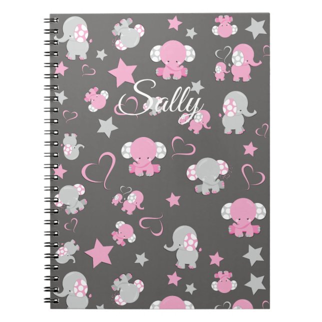 Pink and Grey Baby Elephant Pattern Print Notebook (Front)
