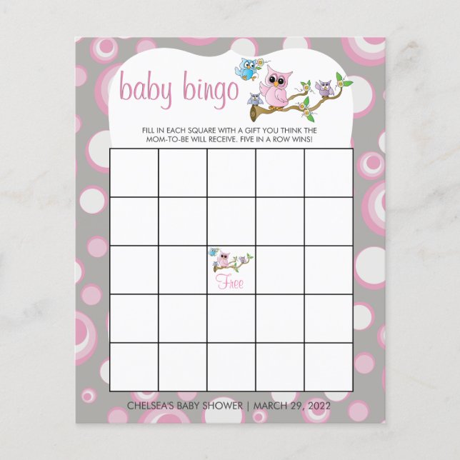Pink and Grey Baby Owl | Shower Bingo Game Flyer (Front)
