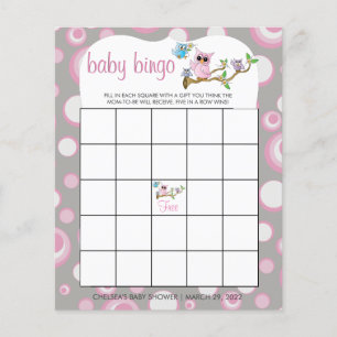 Pink and Grey Baby Owl   Shower Bingo Game Flyer