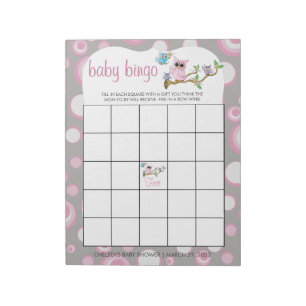 Pink and Grey Baby Owl   Shower Bingo Game Notepad