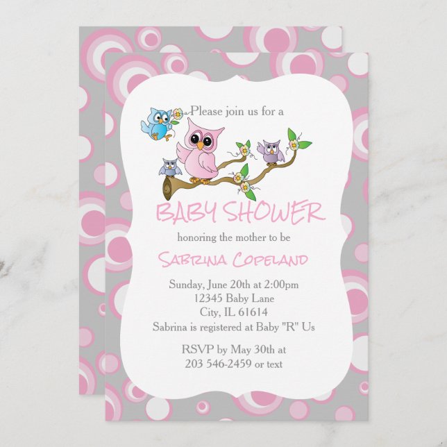 Pink and Grey Baby Owl | Shower Theme Invitation (Front/Back)