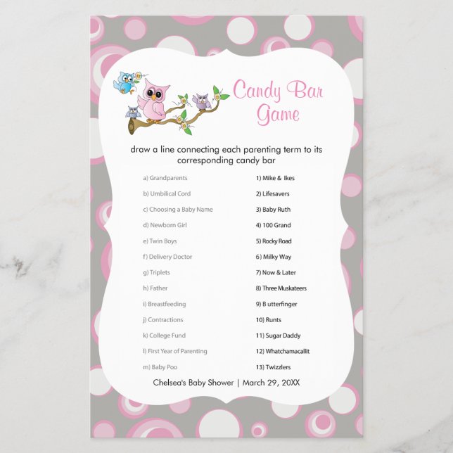Pink and Grey Baby Shower Owl Candy Bar Game Flyer (Front)