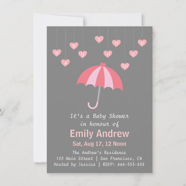 Pink and Grey Baby Shower with Love and Umbrella Invitation (Front)
