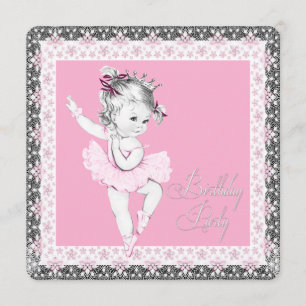 Pink and Grey Ballerina Birthday Party Invitations