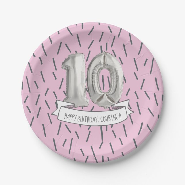 Pink and Grey Balloon Girls 10th Birthday Party Paper Plate (Front)