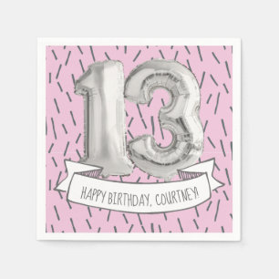 Pink and Grey Balloon Girls 13th Birthday Party Napkin