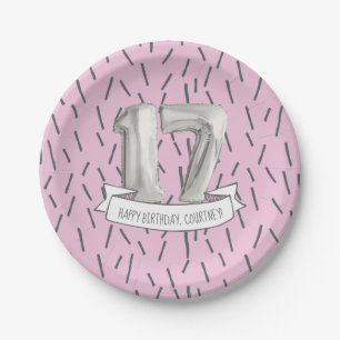 Pink and Grey Balloon Girls 17th Birthday Party Paper Plate