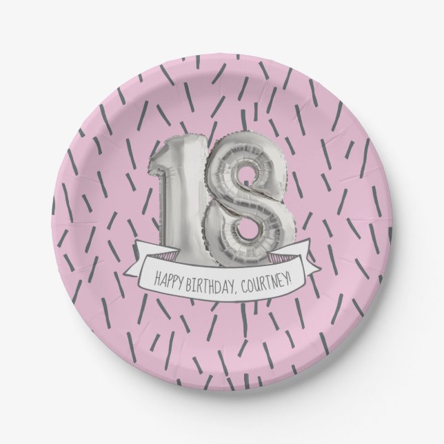 Pink and Grey Balloon Girls 18th Birthday Party Paper Plate (Front)