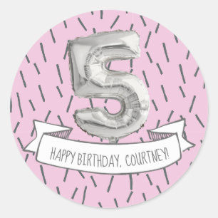 Pink and Grey Balloon Girls 5th Birthday Party Classic Round Sticker