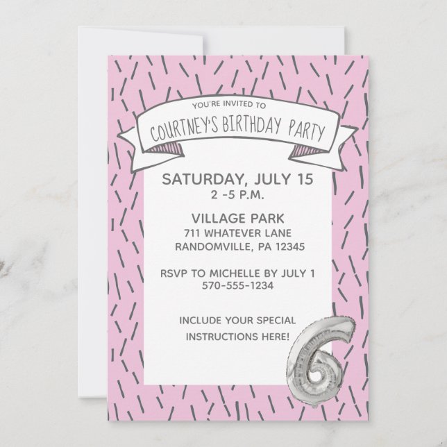 Pink and Grey Balloon Girls 6th Birthday Party Invitation (Back)