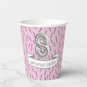 Pink and Grey Balloon Girls 8th Birthday Party Pap Paper Cups