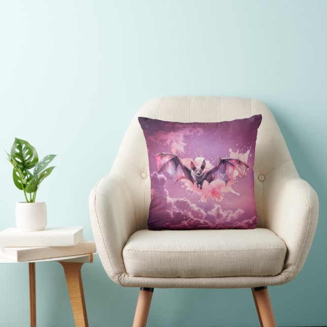 Pink and Grey Bat Pink Clouds Stars Halloween Throw Pillow (Chair)