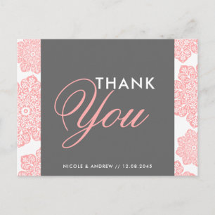 Pink and Grey Batik Flowers Thank You Postcard