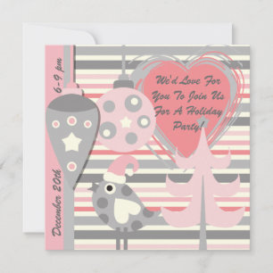 Pink and Grey Bird Stripe Holiday Party Invitation