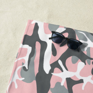 Pink and Grey Camouflage, Military, Army Beach Towel