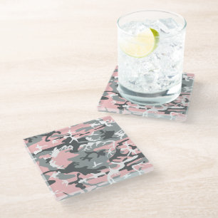 Pink and Grey Camouflage, Military, Army Glass Coaster