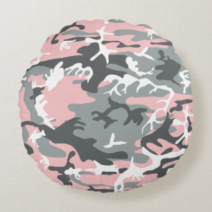 Pink and Grey Camouflage, Military, Army Round Pillow