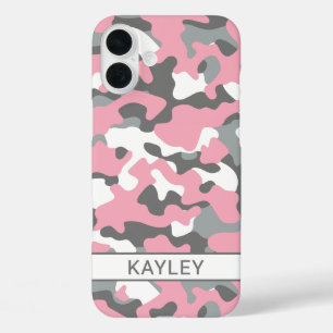 Pink and Grey Camouflage Personalized iPhone 16 Plus Case