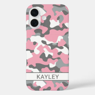 Pink and Grey Camouflage Personalized iPhone 16 Case