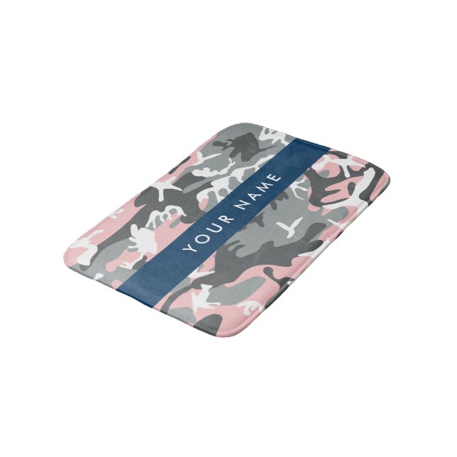 Pink and Grey Camouflage Your name Personalize Bath Mat (Angled)