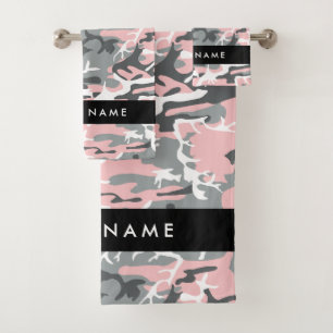 Pink and Grey Camouflage Your name Personalize Bath Towel Set