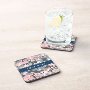 Pink and Grey Camouflage Your name Personalize Coaster