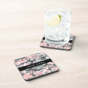 Pink and Grey Camouflage Your name Personalize Coaster