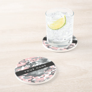 Pink and Grey Camouflage Your name Personalize Coaster