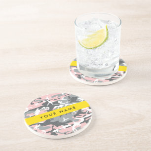 Pink and Grey Camouflage Your name Personalize Coaster