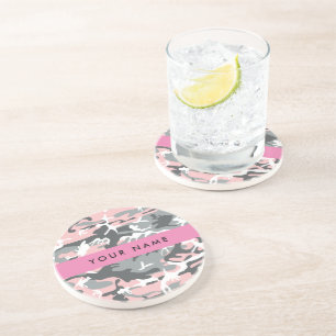 Pink and Grey Camouflage Your name Personalize Coaster