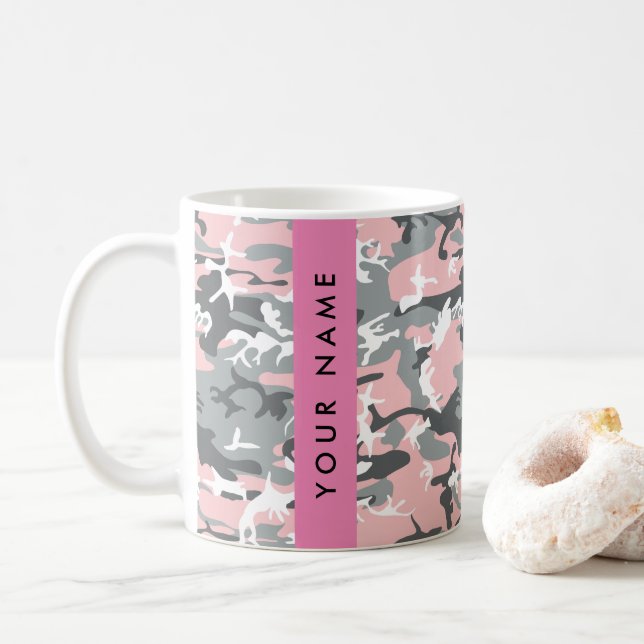 Pink and Grey Camouflage Your name Personalize Coffee Mug (With Donut)