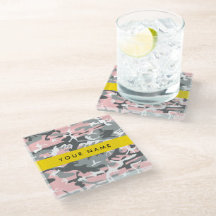 Pink and Grey Camouflage Your name Personalize Glass Coaster