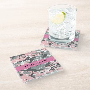 Pink and Grey Camouflage Your name Personalize Glass Coaster