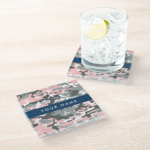 Pink and Grey Camouflage Your name Personalize Glass Coaster