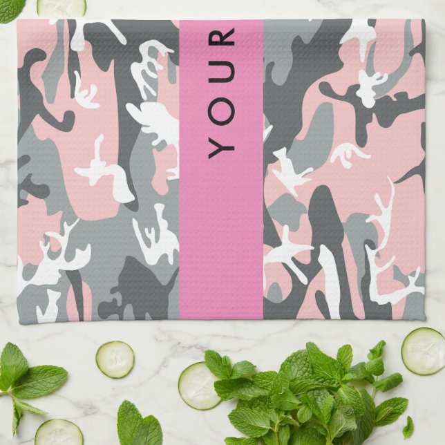 Pink and Grey Camouflage Your name Personalize Kitchen Towel (Folded)