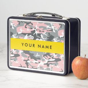Pink and Grey Camouflage Your name Personalize Metal Lunch Box