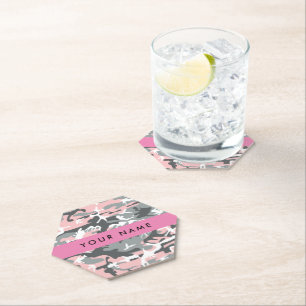 Pink and Grey Camouflage Your name Personalize Paper Coaster