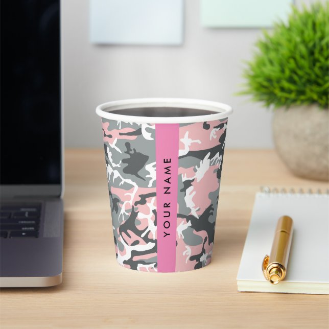 Pink and Grey Camouflage Your name Personalize Paper Cups (Insitu)