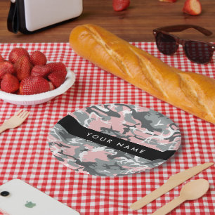 Pink and Grey Camouflage Your name Personalize Paper Plate